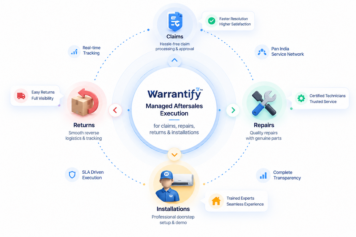 Warrantify — managed aftersales execution for claims, repairs, returns and installations, with real-time tracking, a Pan India service network, certified technicians and complete transparency